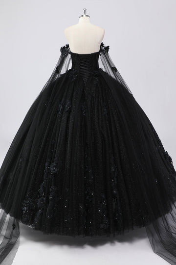 Black Ball Gown Off the Shoulder Tulle Quinceanera Dress with 3D Flowers